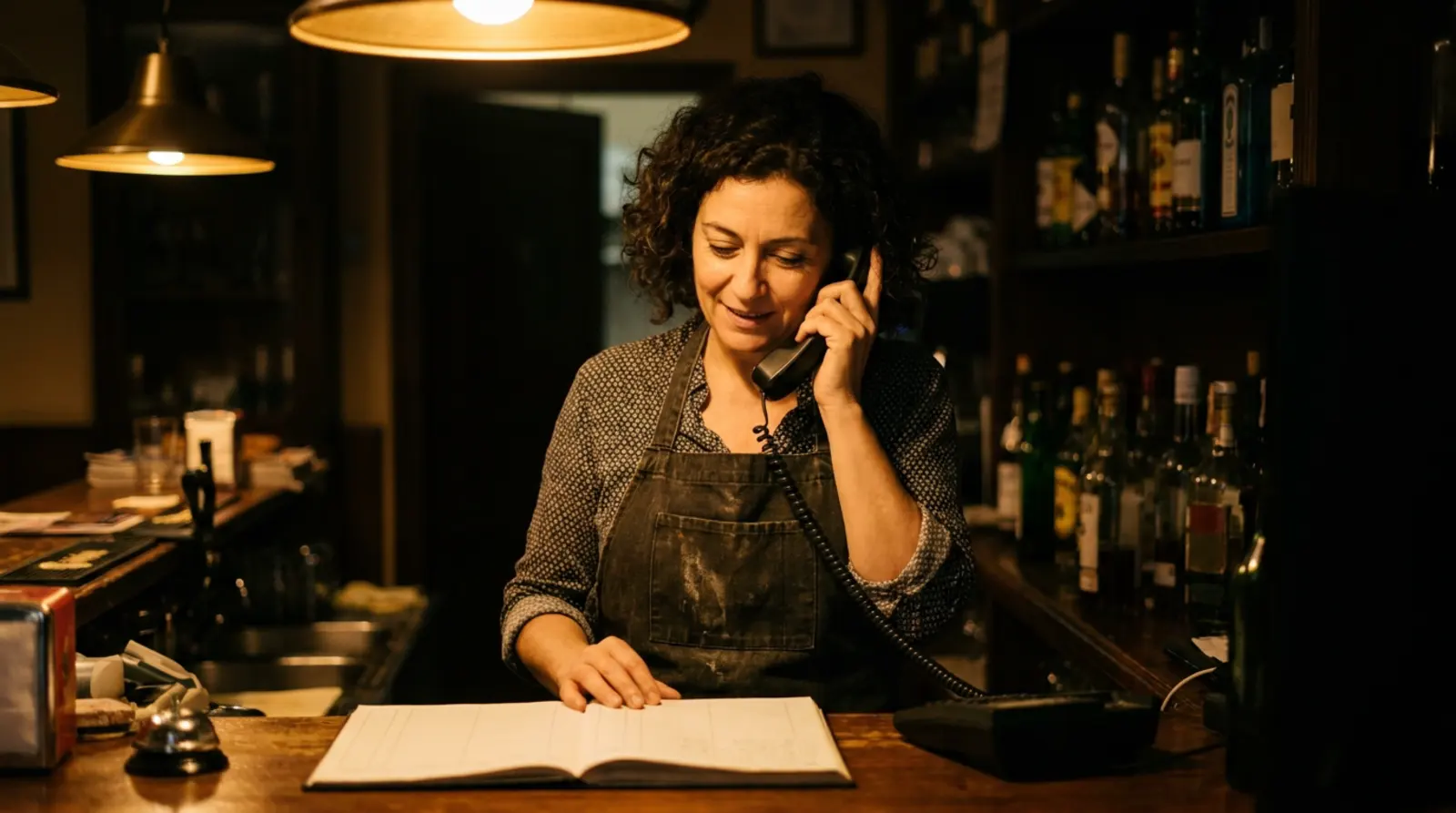 La dueña de un restaurante atiende el teléfono detrás de la barra